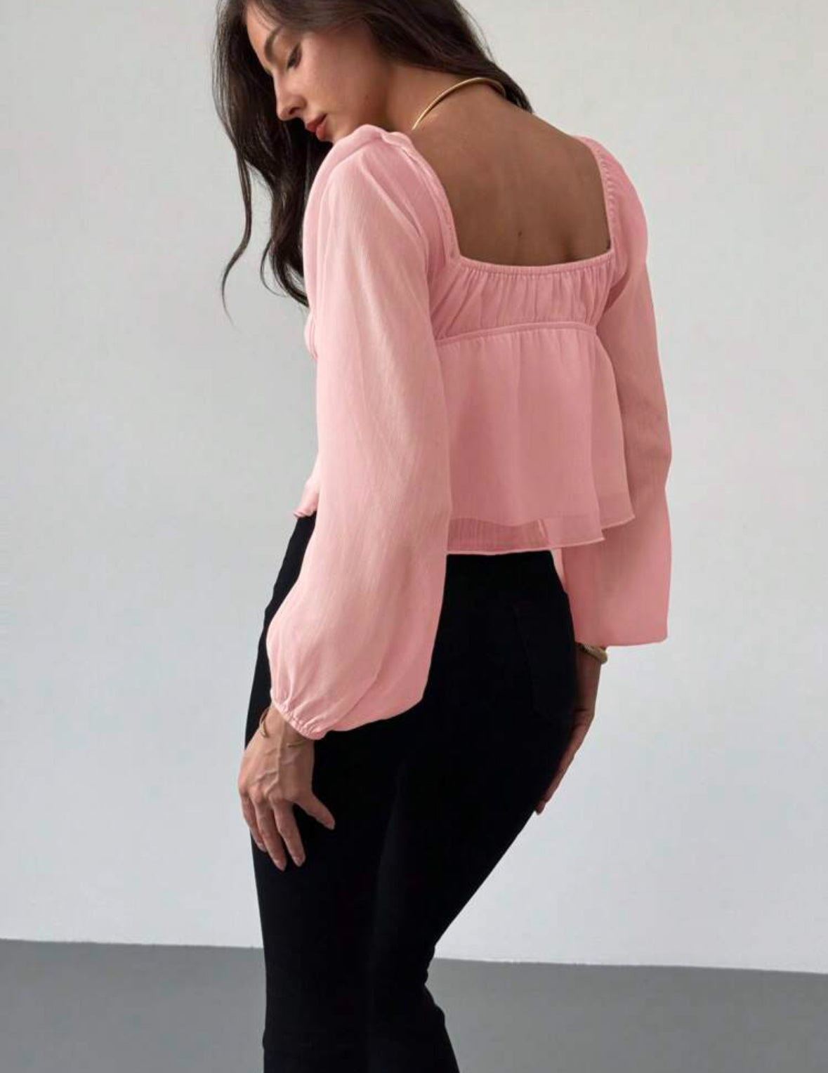 Blusa Rosa Manga Larga Cuello cuadrado