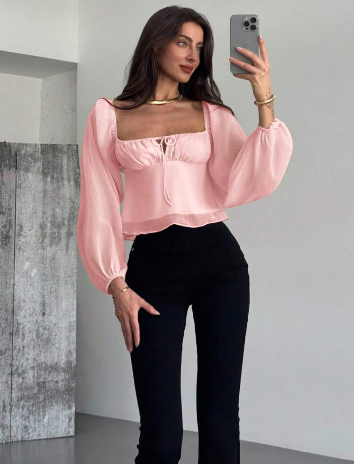 Blusa Rosa Manga Larga Cuello cuadrado
