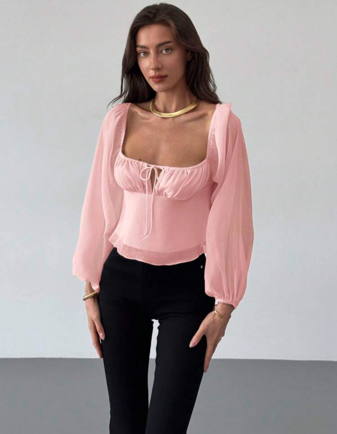 Blusa Rosa Manga Larga Cuello cuadrado