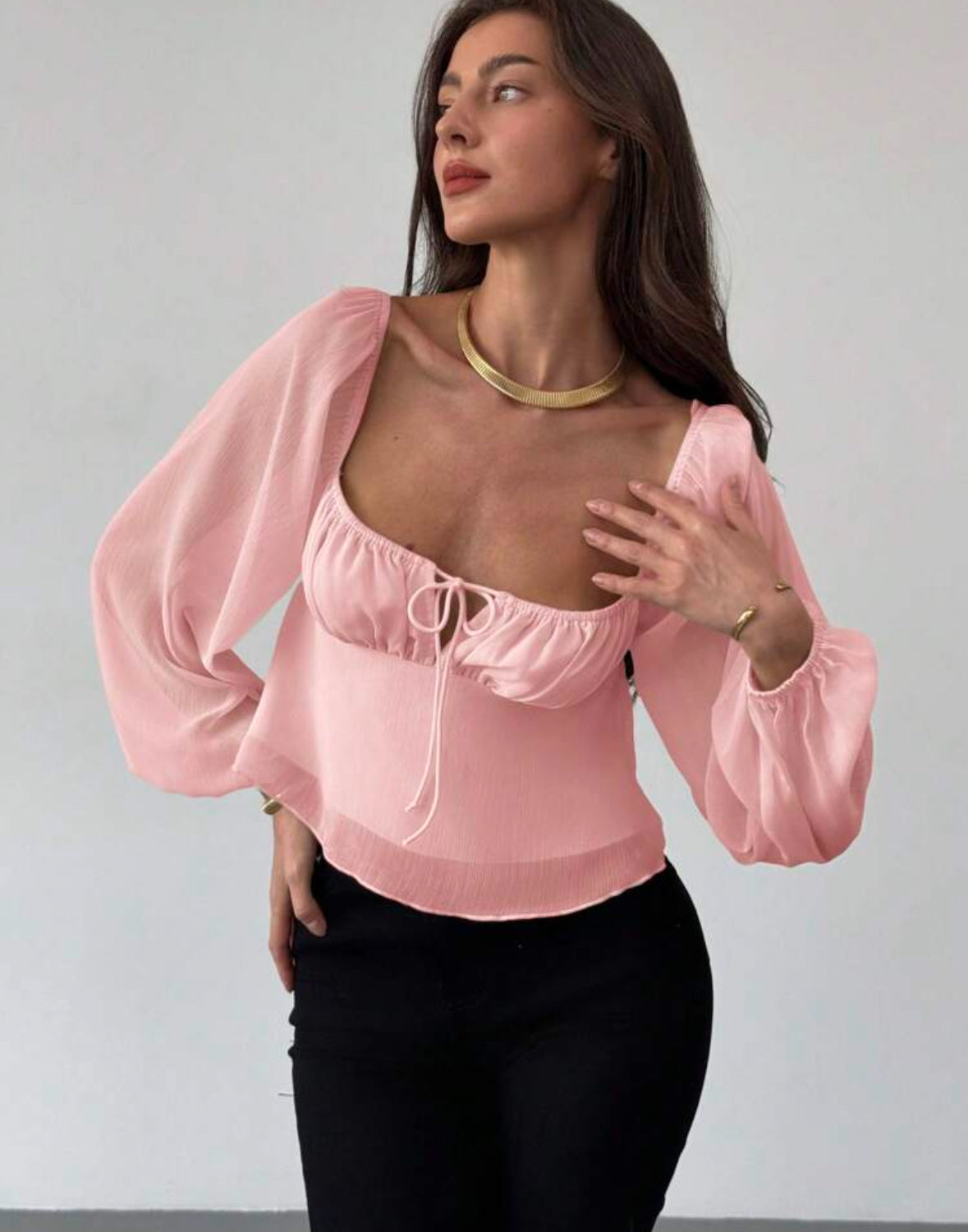 Blusa Rosa Manga Larga Cuello cuadrado