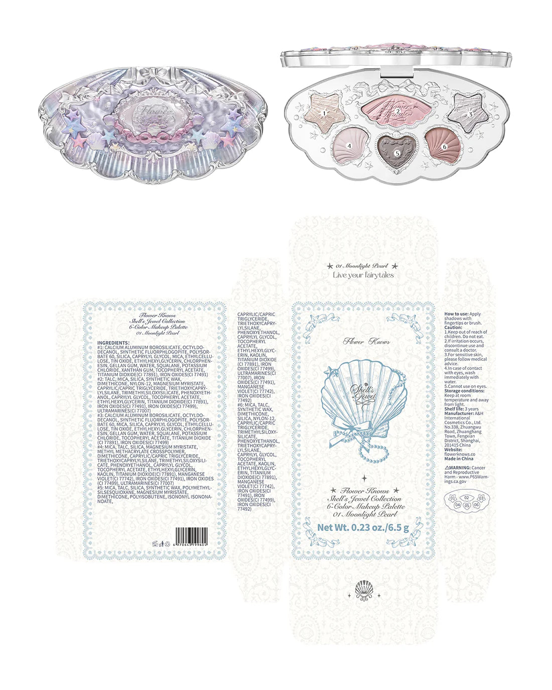[Flower Knows] Shell's Jewel 6 Color Makeup Palette-  01 Moonlight Pearl