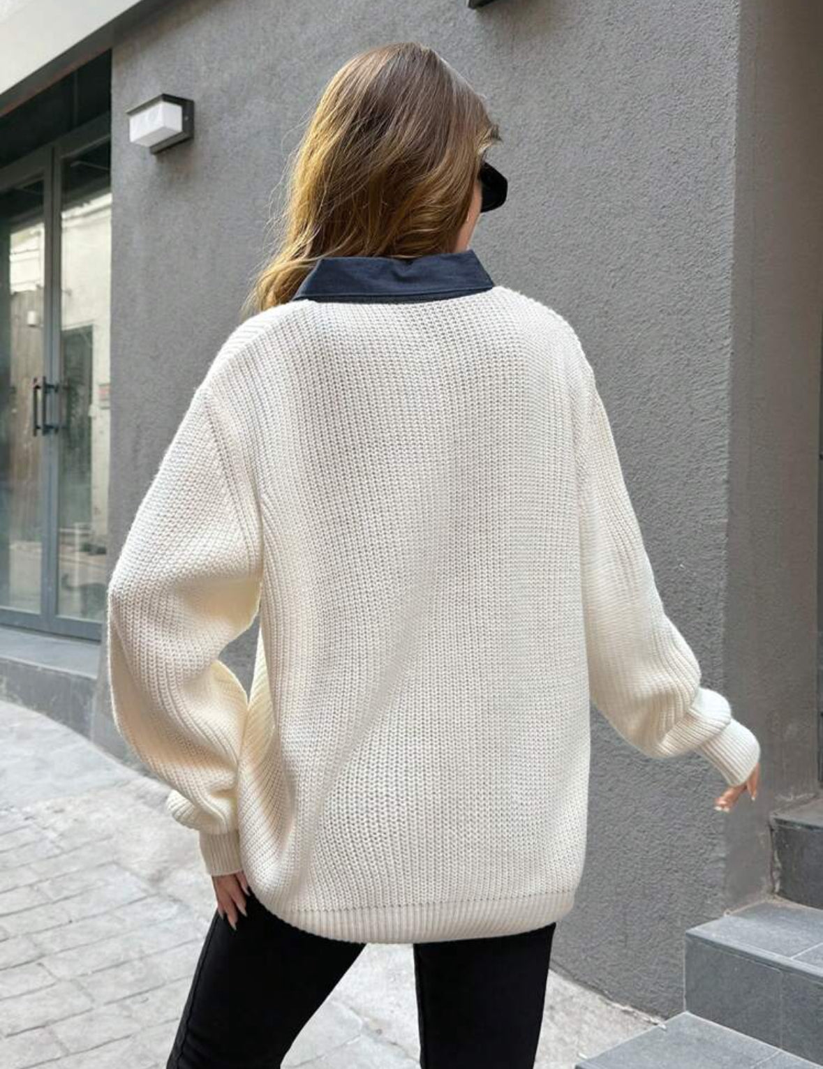 Cardigan Blanco Cuello Lona Y Botones Perlados Oversized